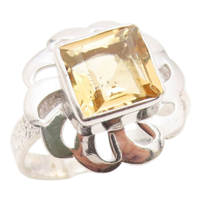 925 Sterling Silver Vintage Ring Modernist Citrine Floral Cutout  Sz 7  RG36175