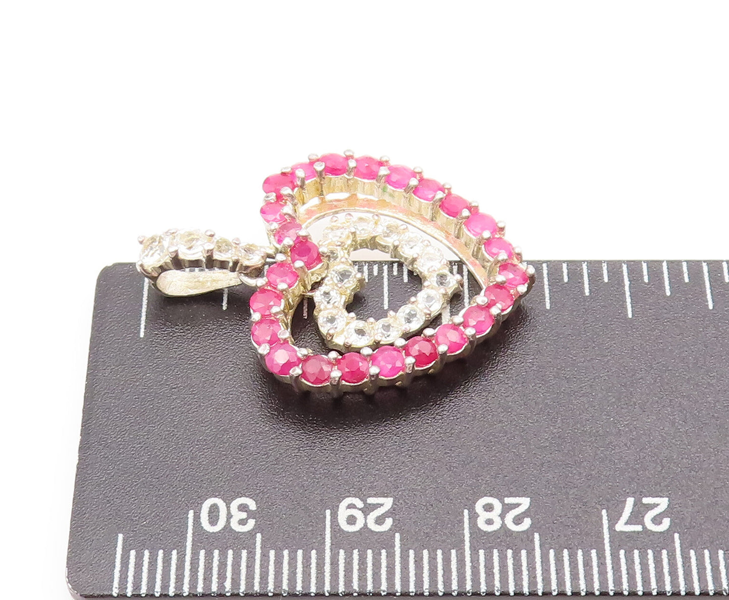 925 Sterling Silver  Vintage Ruby & Topaz Double Love Heart Pendant  PT22412