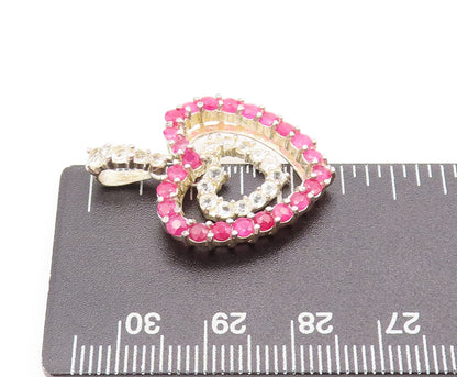 925 Sterling Silver  Vintage Ruby & Topaz Double Love Heart Pendant  PT22412