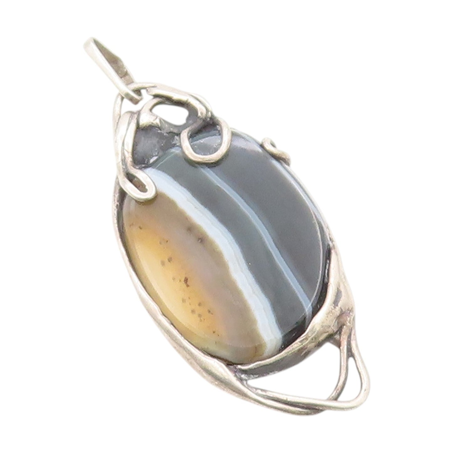 925 Sterling Silver Vintage Pendant Large Agate Modernist River Design  PT25078