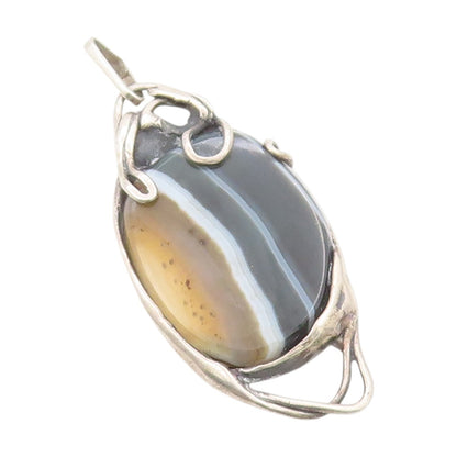 925 Sterling Silver Vintage Pendant Large Agate Modernist River Design  PT25078