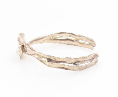 925 Sterling Silver Vintage Bracelet ISRAEL Pearl & Leaf Brutalist Cuff  BT11897