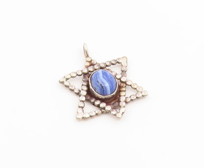 925 Sterling Silver Vintage Pendant Classic Blue Agate Star Of David  PT26655