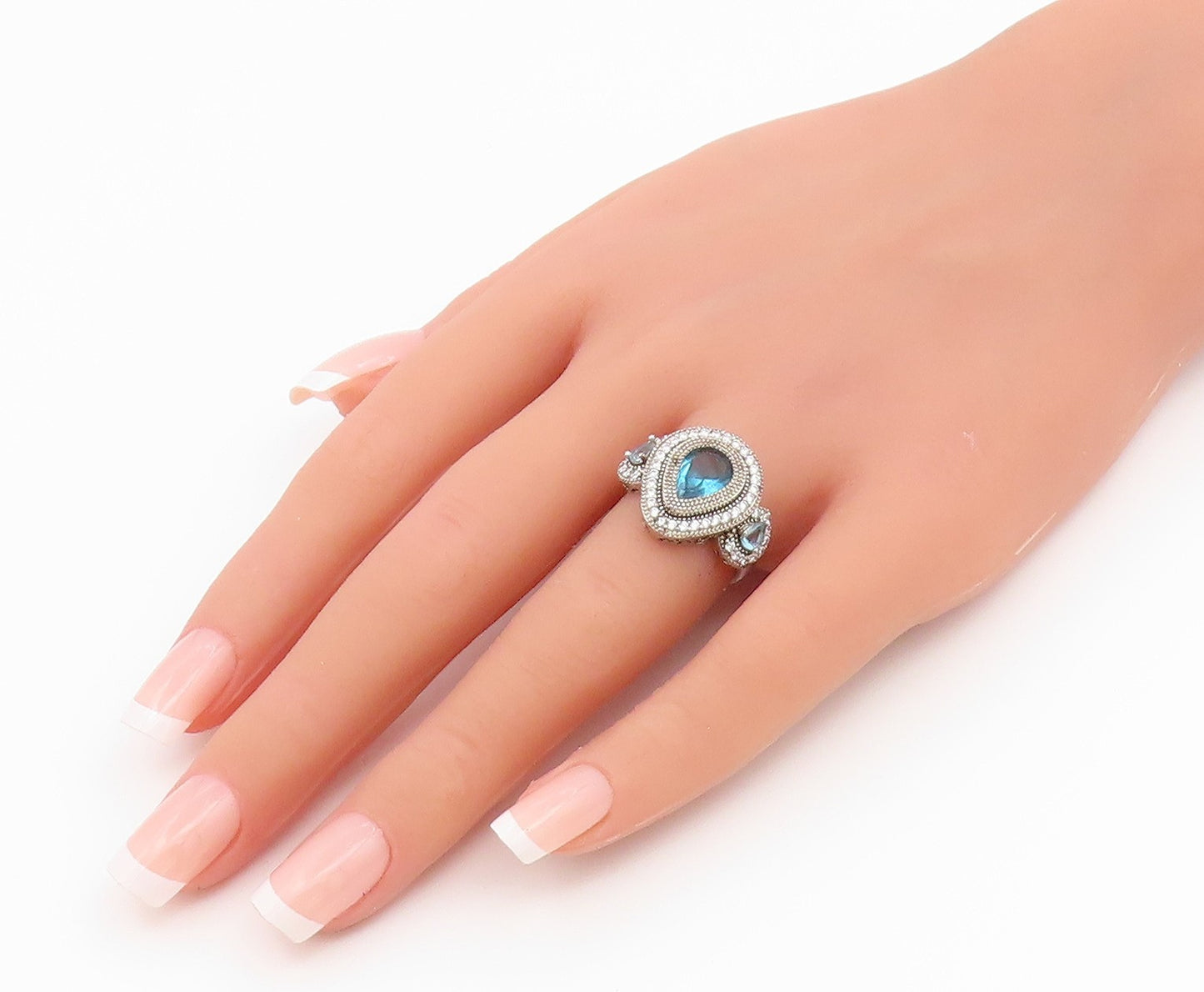 925 Sterling Silver Vintage Ring Blue Topaz Halo Statement Band  Sz 6.5  RG36809