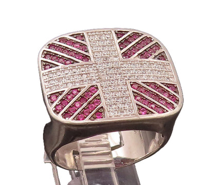 925 Sterling Silver  Vintage White & Red Lab Sapphire Cross Ring Sz 10 RG26565