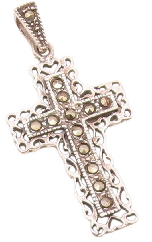 925 Sterling Silver  Vintage Religious Cross Marcasite Cutout Pendant  PT20178