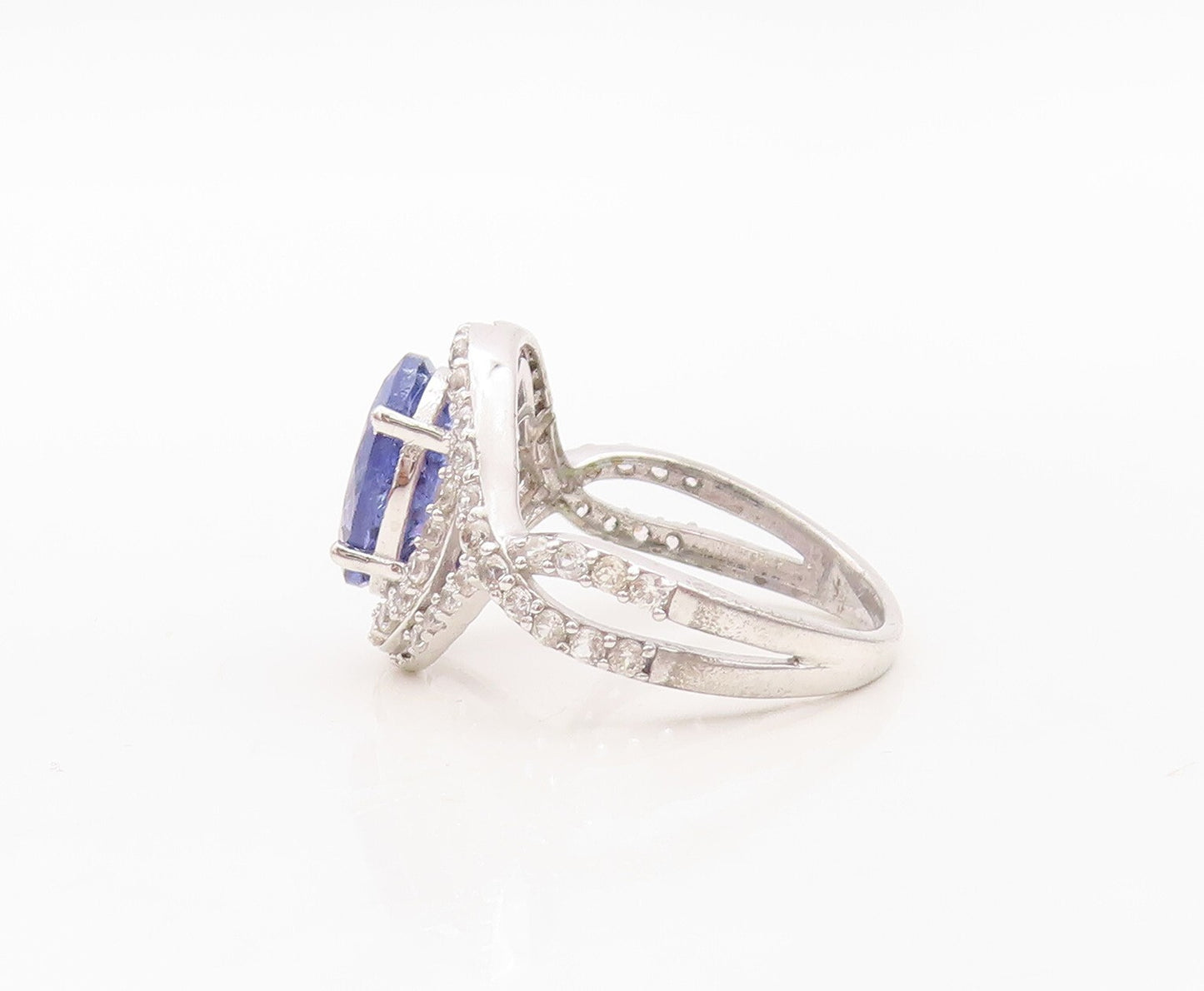 925 Sterling Silver Vintage Ring Oval Cut Sapphire Halo CZ Bands  Sz 7  RG30264