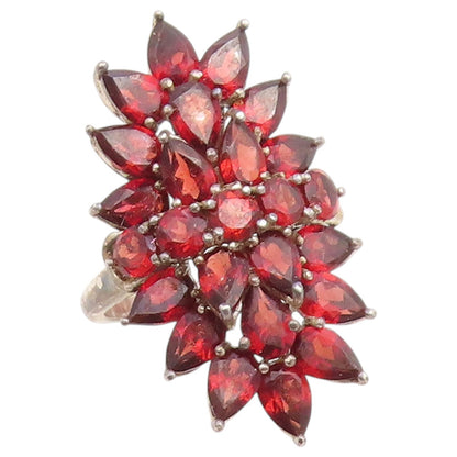925 Sterling Silver Vintage Ring Garnet Cluster Statement Band  Sz 8  RG36756