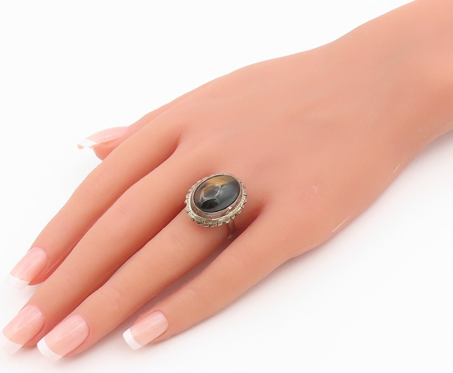 925 Sterling Silver Vintage Ring Tiger's Eye Statement Band  Sz 7.5  RG36481