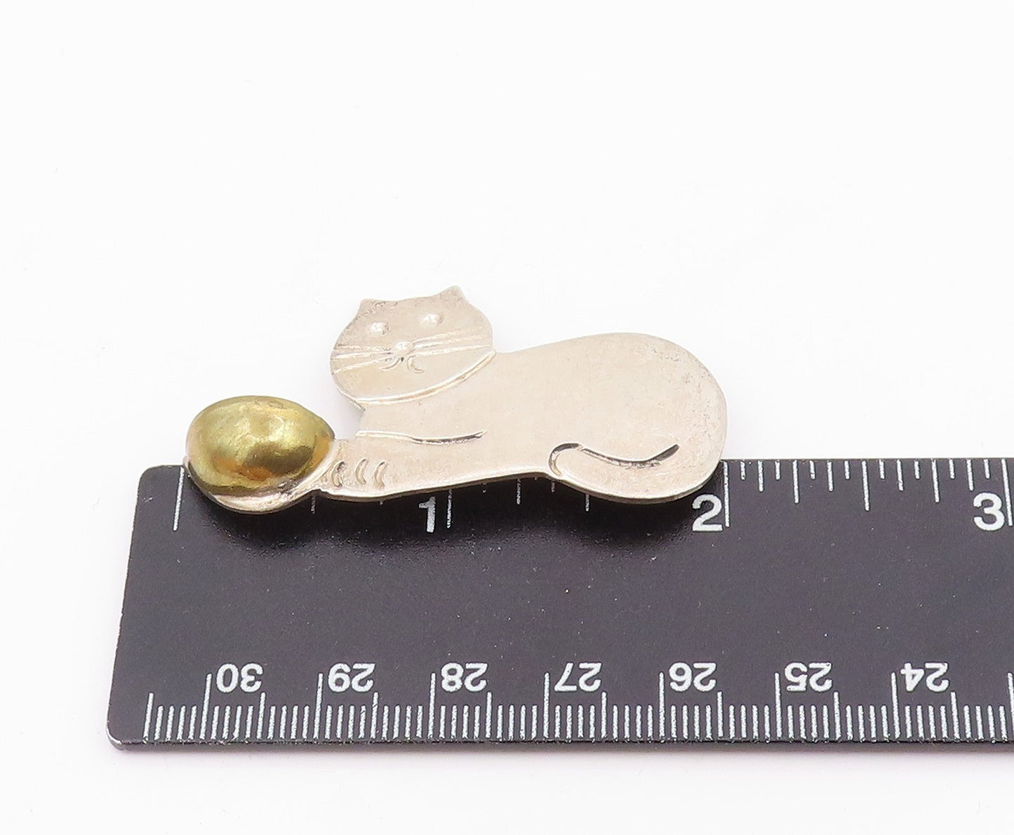 MEXICO 925 Sterling Silver Vintage Two Tone Cat & Bowl Brooch Pin  BP5125