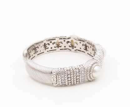 925 Sterling Silver Vintage Bracelet JUDITH RIPKA Round Pearl & CZ Cuff  BT11996