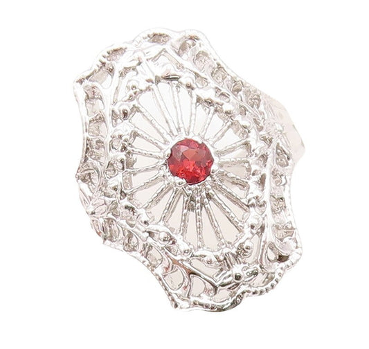 925 Sterling Silver Vintage Ring Floral Design Cutout Garnet Inlay Sz 7  RG30466