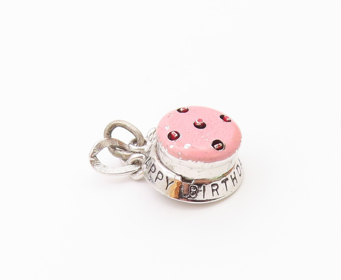 WELLS 925 Sterling Silver  Vintage Enamel Happy Birthday Cake Pendant  PT17188