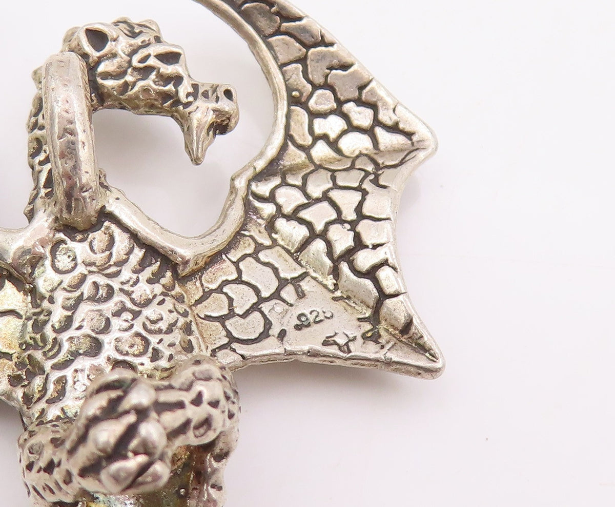925 Sterling Silver Vintage Pendant Intricate Mythical Flying Dragon  PT25770