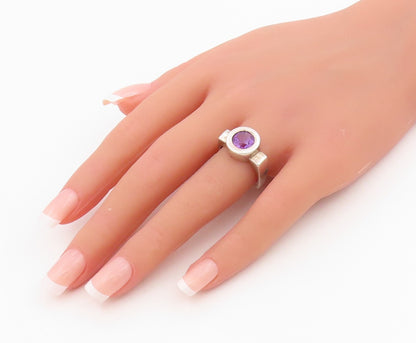 925 Sterling Silver Vintage Ring Bezel Set Amethyst Solitaire Band Sz 8 RG34191