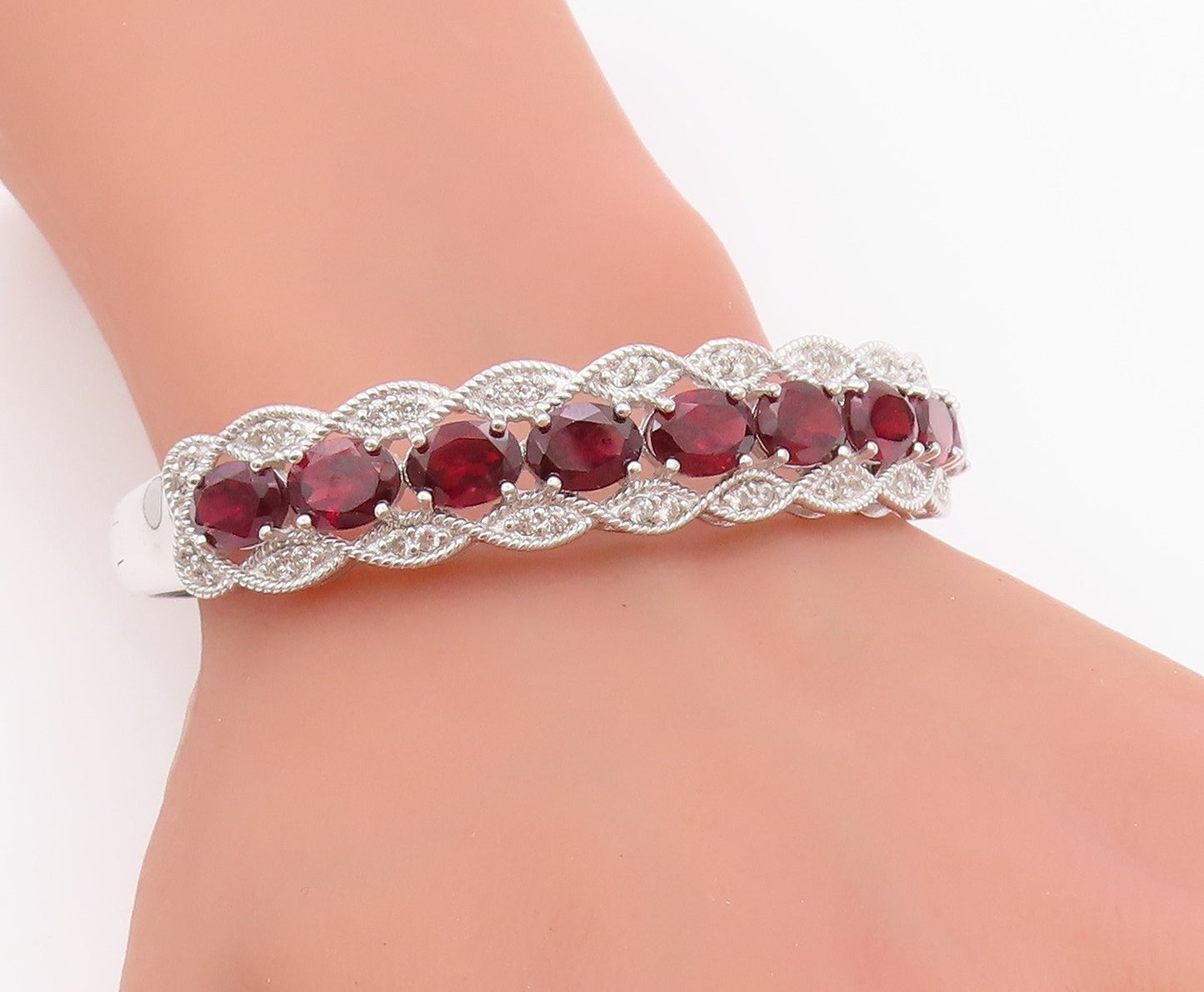 925 Sterling Silver Vintage Bracelet Oval Ruby & CZ Triple Row Bangle  BT11393