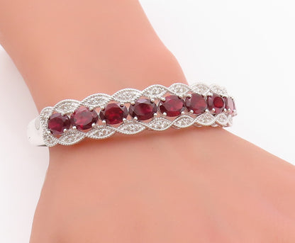 925 Sterling Silver Vintage Bracelet Oval Ruby & CZ Triple Row Bangle  BT11393