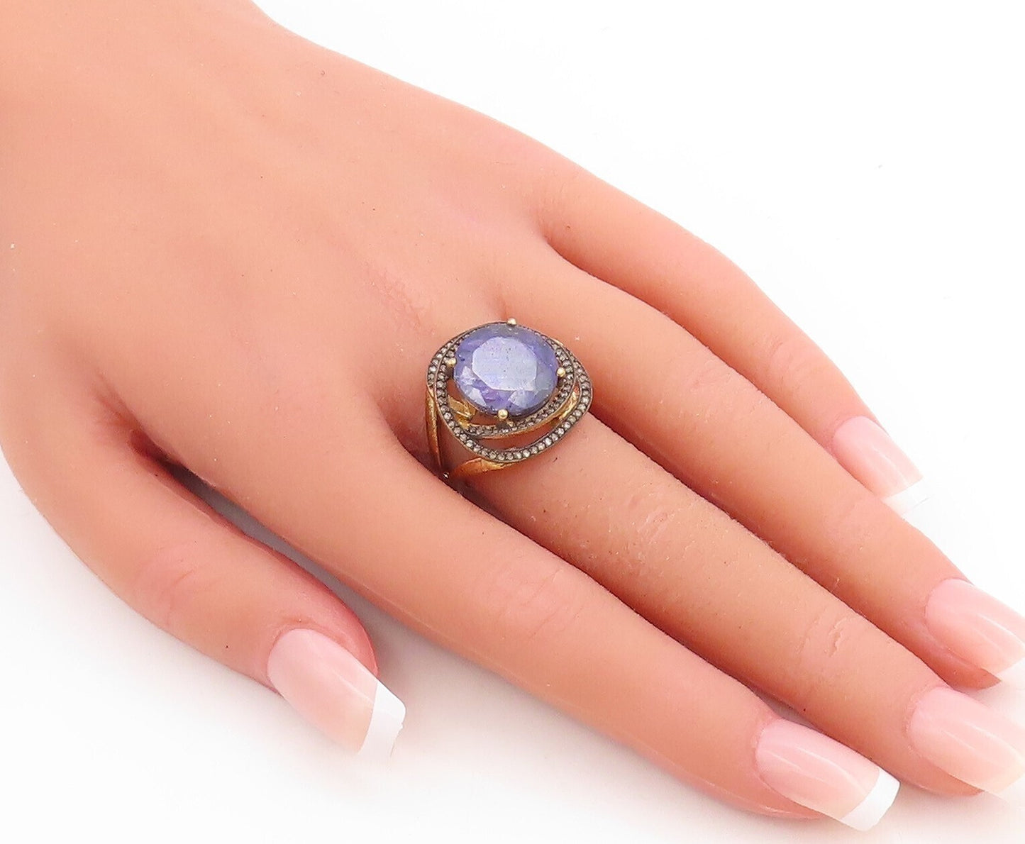 925 Sterling Silver Vintage Ring Gold Plated Blue Gemstone Topaz  Sz 7  RG30539