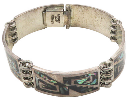 MEXICO 925 Sterling Silver  Vintage Abalone Shell Mosaic Chain Bracelet BT4411