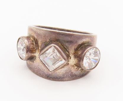 925 Silver  Vintage Round & Diamond Shaped Cubic Zirconia Ring Sz 6.75 RG26191