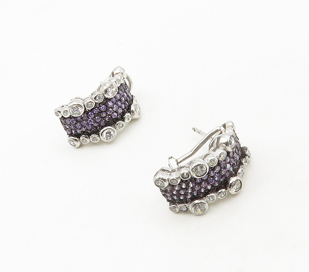 925 Sterling Silver  Shiny Purple & White Cubic Zirconia Drop Earrings  EG8489