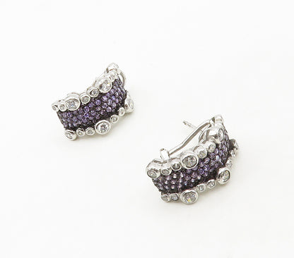 925 Sterling Silver  Shiny Purple & White Cubic Zirconia Drop Earrings  EG8489