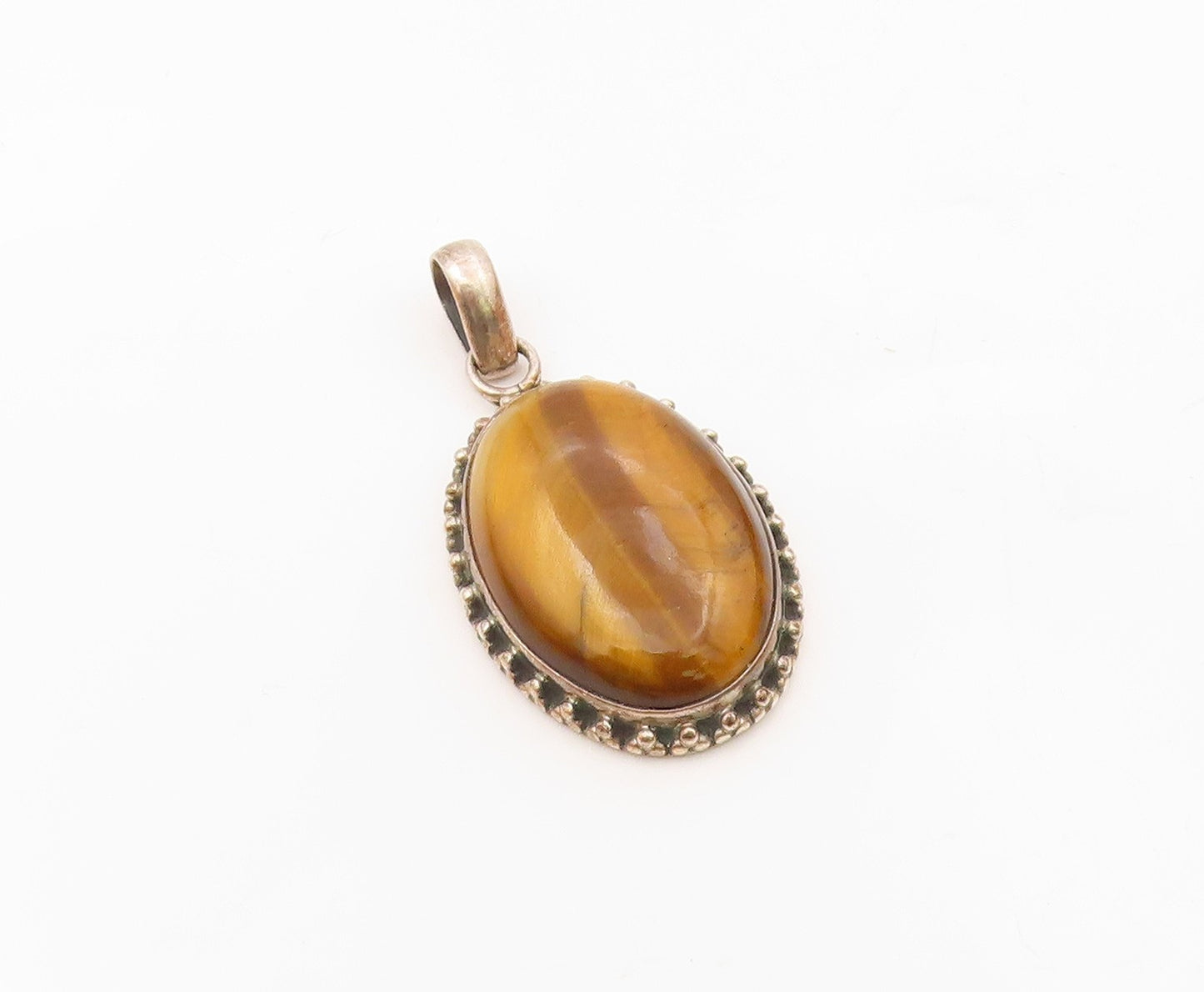 925 Sterling Silver  Vintage Cabochon Cut Tiger's Eye Oval Pendant  PT12175