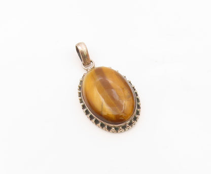 925 Sterling Silver  Vintage Cabochon Cut Tiger's Eye Oval Pendant  PT12175