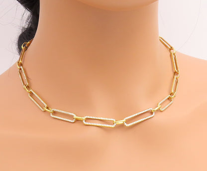925 Sterling Silver Vintage Necklace Gold Plated CZ Paperclip Link Chain  NE4930