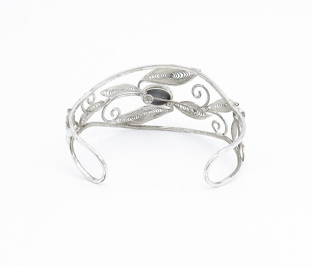 925 Sterling Silver  Faceted Hematite Filigree Floral Cuff Bracelet  BT3467