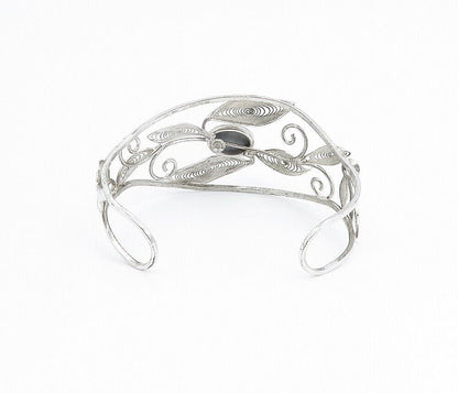 925 Sterling Silver  Faceted Hematite Filigree Floral Cuff Bracelet  BT3467