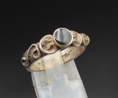 MEXICO 925 Silver  Vintage Inlaid Round Black Onyx Swirl Ring Sz 7.5  RG24609