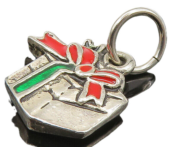 925 Sterling Silver  Vintage Enamel Christmas Gift Box Pendant  PT18948