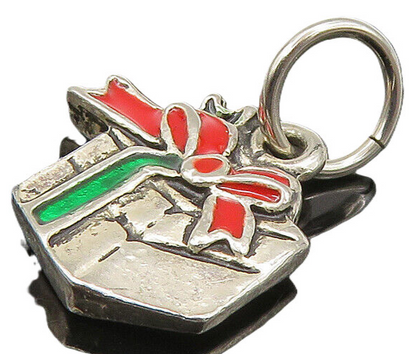 925 Sterling Silver  Vintage Enamel Christmas Gift Box Pendant  PT18948
