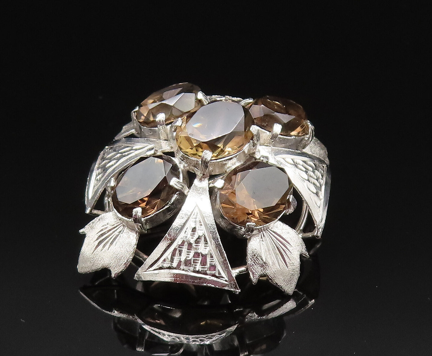 925 Sterling Silver  Vintage Smoky Quartz Leaf Fidget Dome Brooch Pin  BP9648