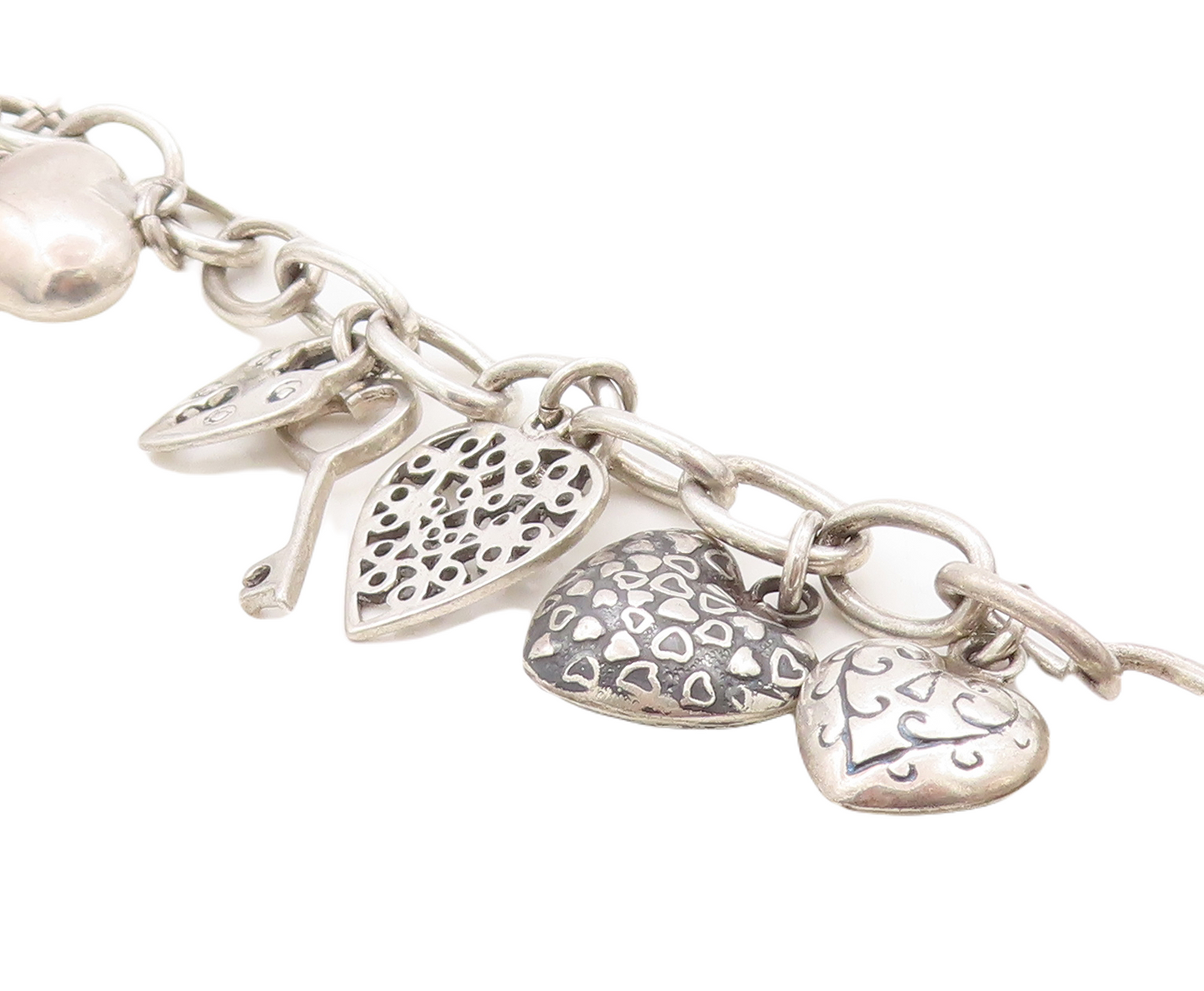 925 Sterling Silver Vintage Bracelet Minimalist Carved Dangling Hearts  BT10928