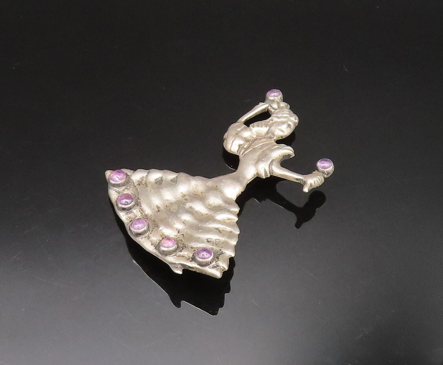 MEXICO 925 Silver  Vintage Antique Dancing Chalcedony Woman Brooch Pin  BP9677
