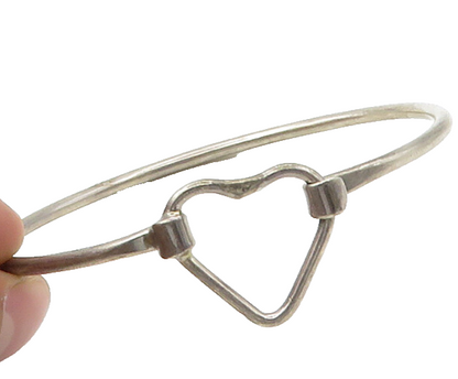 925 Sterling Silver  Vintage Open Love Heart Hook Bangle Bracelet  BT8535