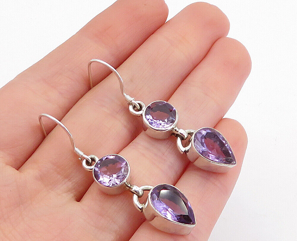 925 Sterling Silver  MultiShape Amethyst Shiny Linked Dangle Earrings  EG2553