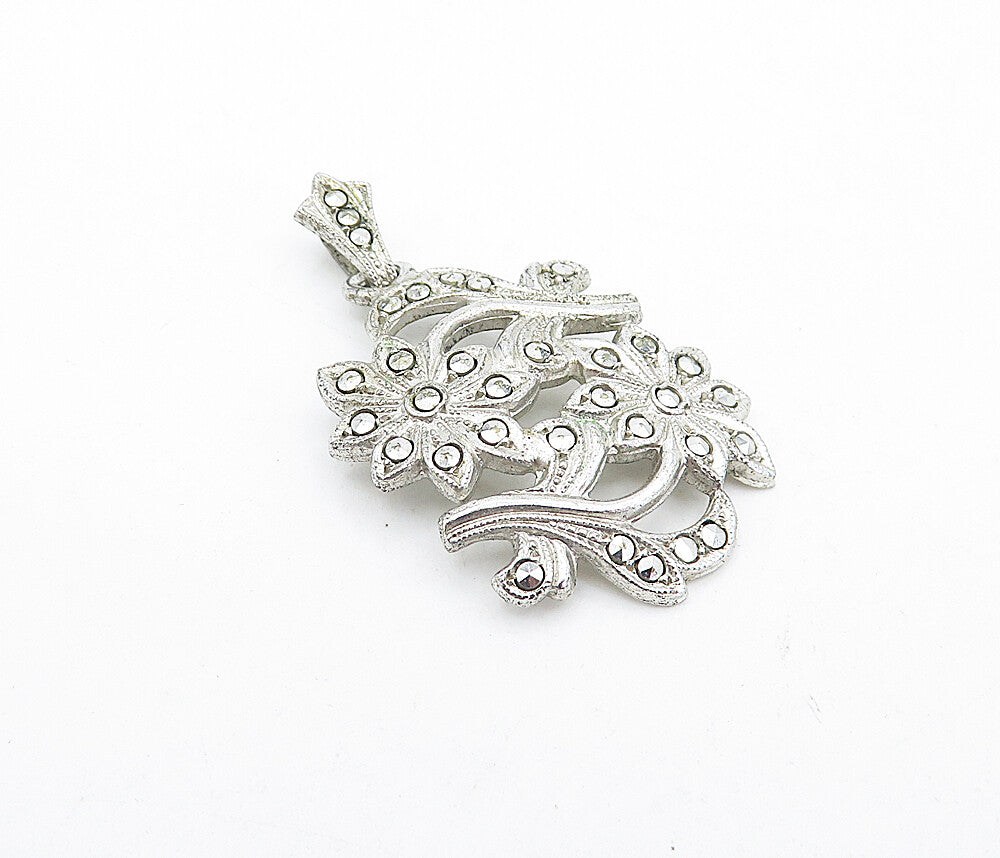 925 Sterling Silver  Vintage Shiny Sparkling Floral Motif Drop Pendant  PT3237
