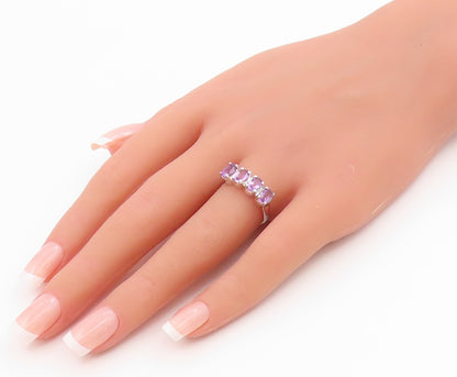 925 Sterling Silver Vintage Ring Classic Three Stone Amethyst Band Sz 8 RG36144