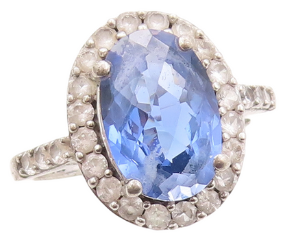925 Sterling Silver Vintage Ring Oval Cut Blue Halo White CZ  Sz 7  RG31033