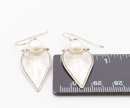 925 Sterling Silver Vintage Earrings ISRAEL Pearl Hammered Teardrop Hook EG14382