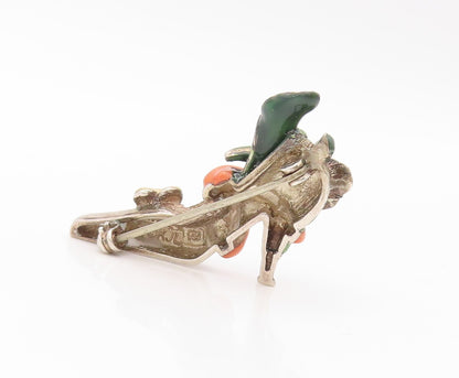925 Sterling Silver Vintage Brooch Pin Enameled Roped & Floral Shoe  BP11177