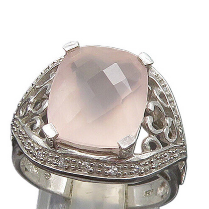 925 Silver  Vintage Rose Quartz & Diamonds Cocktail Ring Sz 7.5  RG23091
