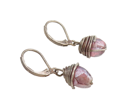 925 Sterling Silver  Vintage Dangling Coiled Cap Brown Beaded Earrings EG12522