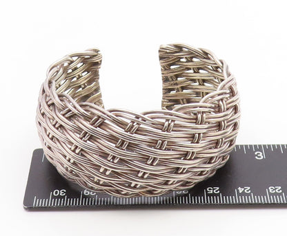 925 Sterling Silver Vintage Bracelet Modernist Basketweave Wide Cuff  BT11917