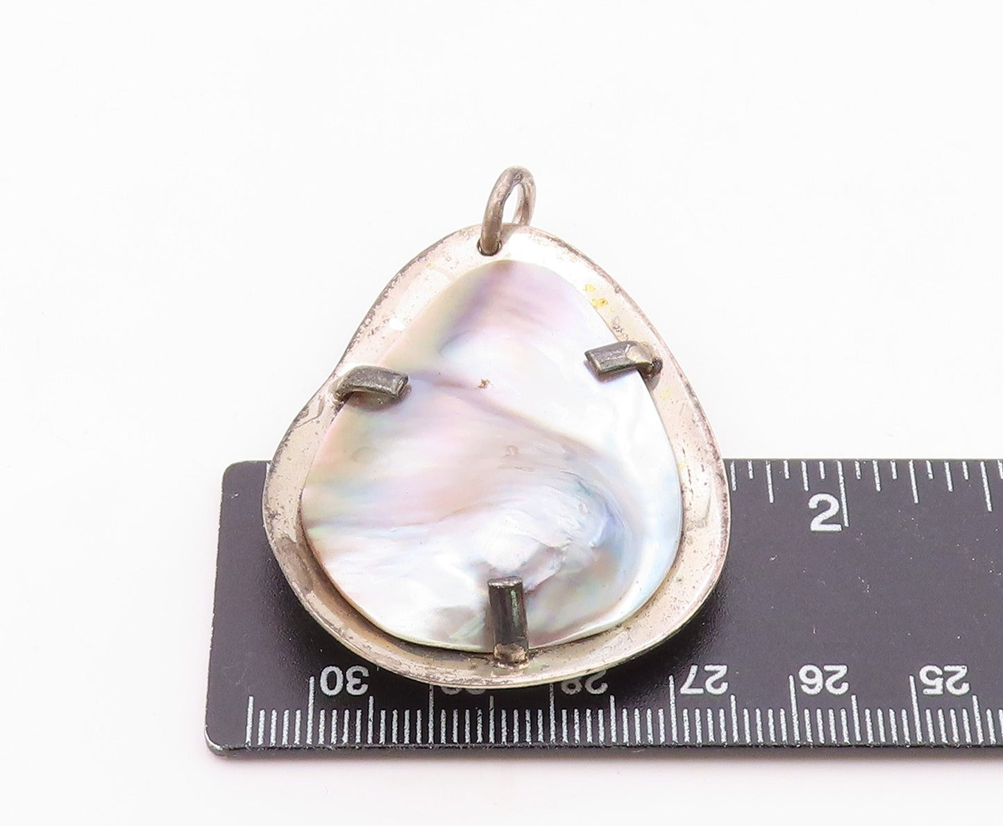 EUROPEAN 925 Silver  Vintage Shiny Mother Of Pearl Modernist Pendant  PT16705