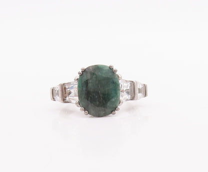 925 Sterling Silver Vintage Ring Green Oval Cut Gemstone & CZ  Sz 7  RG29500