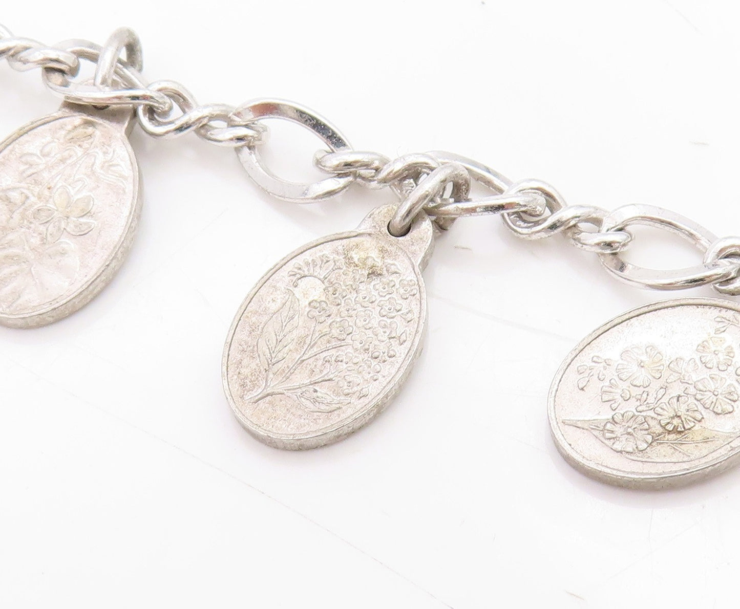925 Sterling Silver Vintage Bracelet Seven Flowers of Love Oval Charm  BT11711